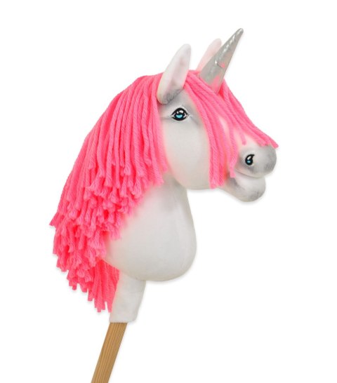 Hobby Horse Jednorożec na kiju biały, grzywa neon róż i srebrny róg A4