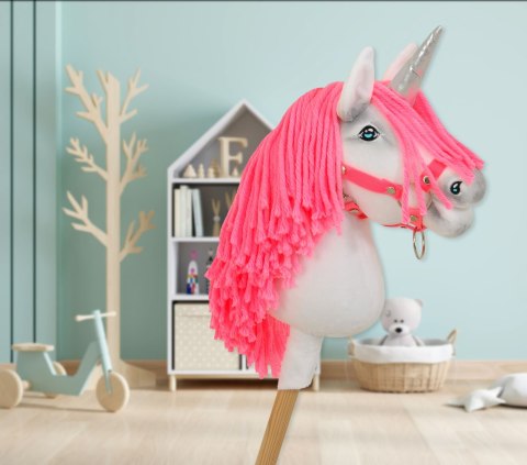 Hobby Horse Jednorożec na kiju biały, grzywa neon róż i srebrny róg A4