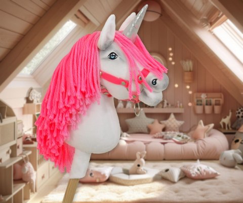 Hobby Horse Jednorożec na kiju biały, grzywa neon róż i srebrny róg A4