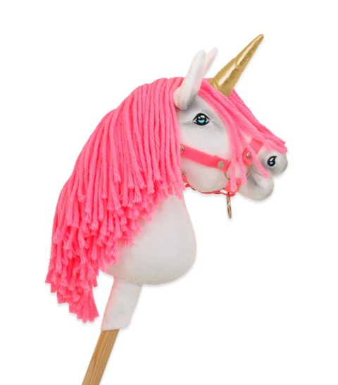 Hobby Horse Jednorożec na kiju biały, grzywa neonowy róż i złoty róg A4