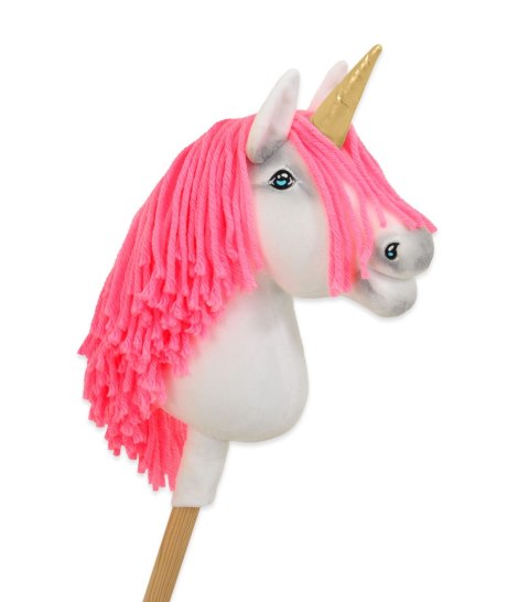 Hobby Horse Jednorożec na kiju biały, grzywa neonowy róż i złoty róg A4