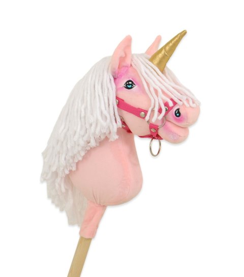 Hobby Horse Jednorożec na kiju różowy z białą grzywą i złotym rogiem A4